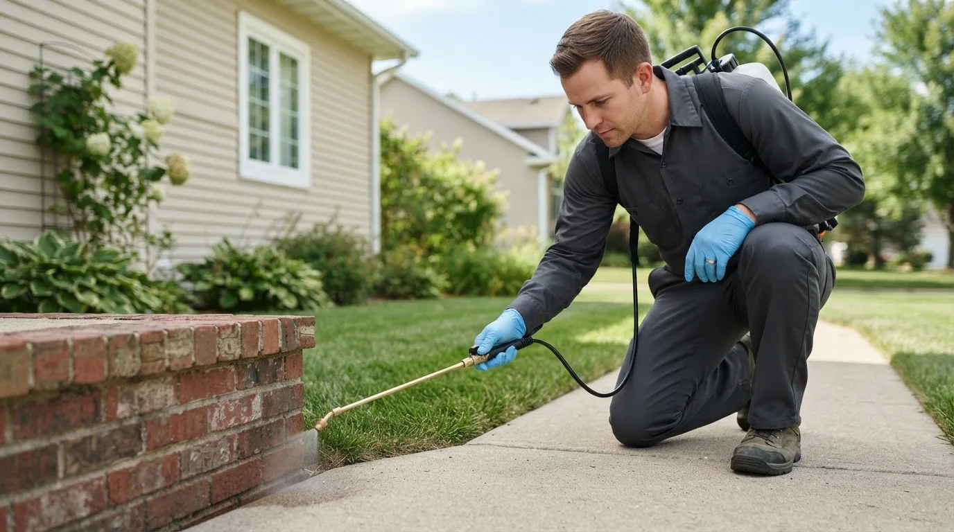 Pest control technician treating a home near State University, AR